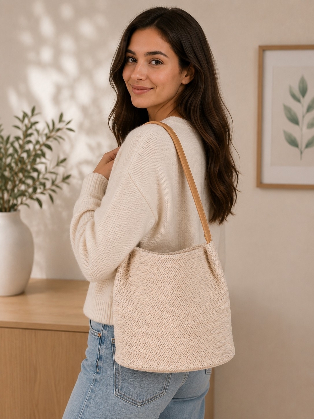 Cream Woven Shoulder Bag with Tan Leather Straps - Picture 2 of 3